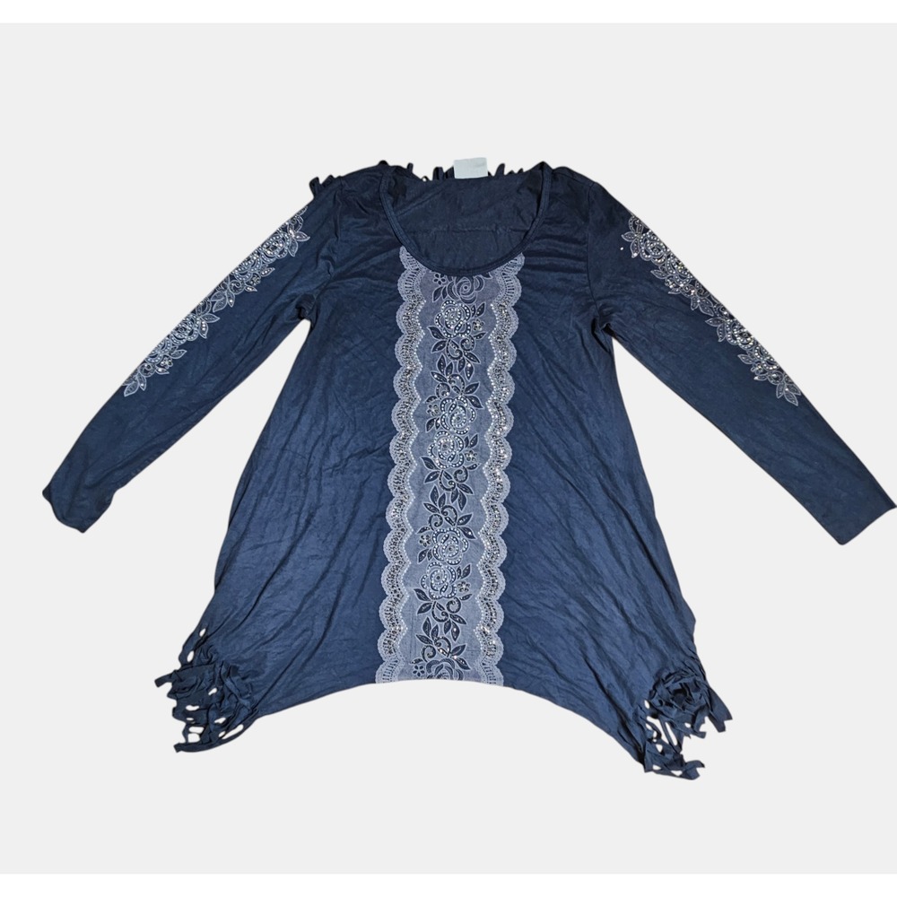 Vocal‎ Rhinstones Embellished Long Sleeve Tunic Top S Fringed Hem Hippie Boho